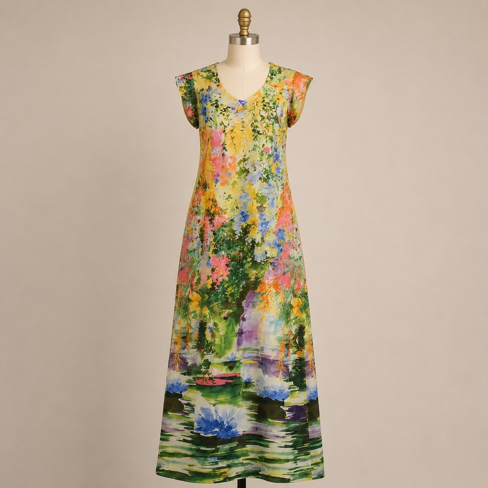 Vintage Lady Blair Maxi Long Dress Floral Garden Watercolor Print Botanical *Med